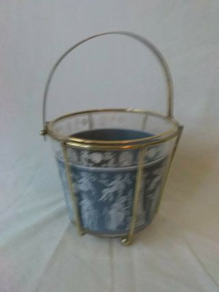 Vintage Mid Century Glass Ice Bucket With Gold Caddy Base