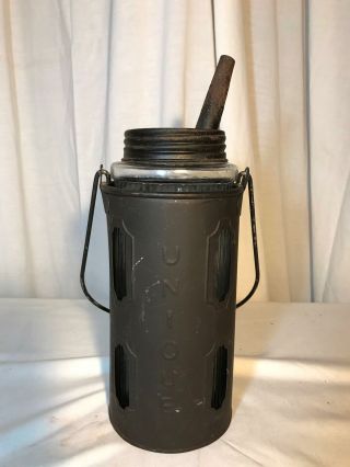 Vintage Like Dandy Glass Metal Kerosene Oil 1/2 Gal Ribbed Bottle Called Unique