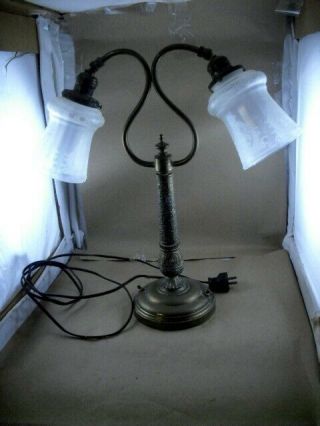 Vintage Brass Table Lamp Highly Ornate Carvings 2 Arms Etched Glass Shades