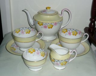 Vintage Aynsley Pink/yellow Tea Set With Teapot,  Jug,  Sugar Bowl,  Cups/saucers