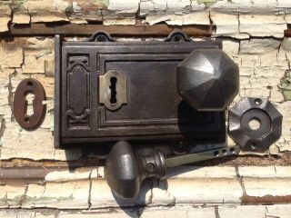 Victorian Style Davenport Cast Iron & Brass Rim Lock Door Knobs & Escutcheon