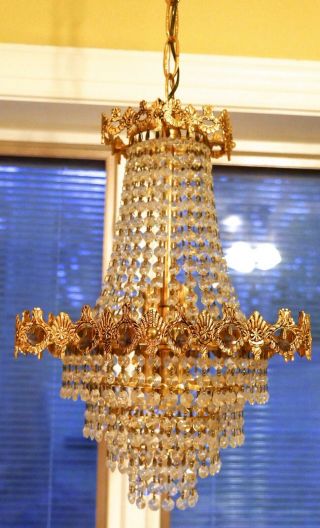 Brass And Crystal Basket Chandelier,  6 Bulb With 2 Watch Wall Sconces.  14 " Wide.