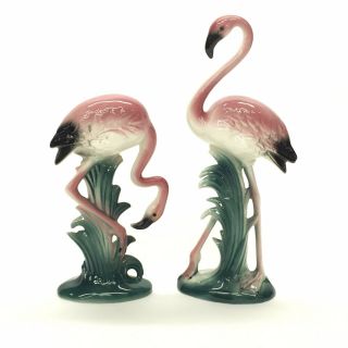 2 Vintage Mid - Century Porcelain Pink Flamingo Porcelain Ceramic Figurines 10”
