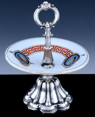19thc Austro Hungarian Solid Silver & Figural Enamel Opaline Glass Pedestal Bowl