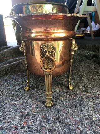 Quality Antique Copper And Brass Planter,  Bucket.  Lion Head Handles.  Paw Feet