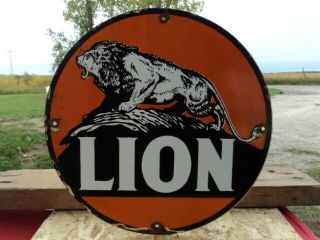Old Lion Gasoline Porcelain Enamel Gas Pump Station Sign