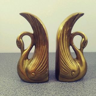 Vintage Swans Solid Brass Bookends Made In Korea Art Deco 7 " Natural Patina
