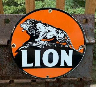 Vintage Lion Porcelain Enamel Dealer Sign Gas Oil Pump Plate Sign
