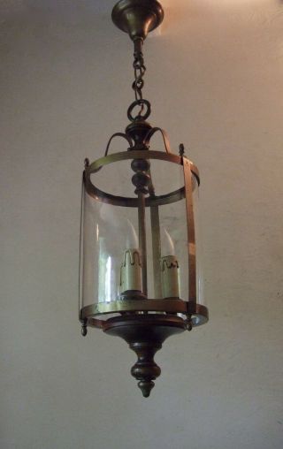 Large Antique French Brass And Round Glass Lantern Chandelier Hall Light