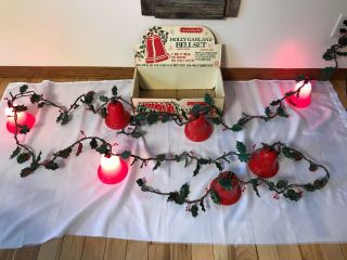 Vintage Christmas Holly Garland Lighted Blinking Bells 7 Red 5 " Bells 20 