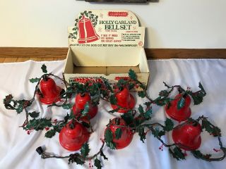 Vintage Christmas Holly Garland Lighted Blinking Bells 7 Red 5 