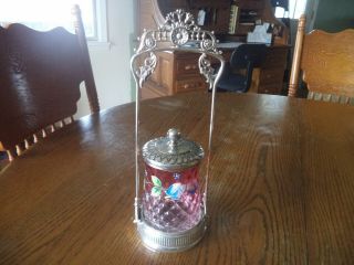 Silver Plate Pickle Castor With Cranberry And Clear Diamond Pattern Hand Painted