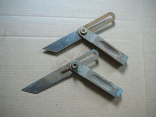 2 Antique Adjustable Bevel Squares Wood & Brass Handle Steel Blades - Stanley