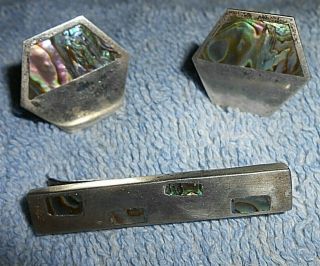Vintage Sterling Silver Abalone Hexagon Shaped Cufflinks & Tie Pin Hecho In Mexi