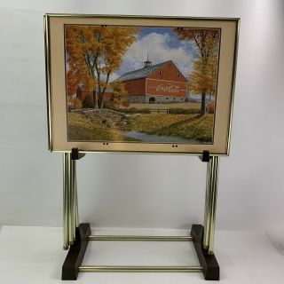 Vtg Set Of 4 Coca Cola Coke Tv Trays And Stand Red Barn Scenic