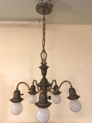 Antique / Vtg 5 Arm Hanging Chandelier Ceiling Light Fixture Brass Bronze Patina