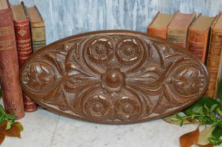 Antique German Black Forest Carved Wood Plaque Oval Floral Medallion Pediment
