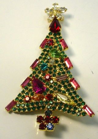 Signed Dominique Colorful Prong Set Rhinestone Christmas Tree Pin Brooch