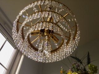 ✨Pretty ✨Vintage 5 Tier Lead Crystal Glass & Brass Waterfall chandelier 3 light 3