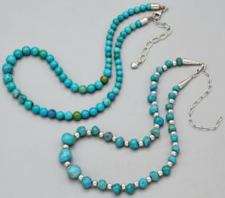 Vintage Sterling Silver Turquoise Beaded Strand Necklace Set Of 2 55.  2 Grams