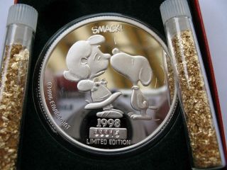 1 - OZ.  999 SILVER PEANUTS GANG CHARLIE BROWN LUCY AND SNOOPY KISS SMACK COIN,  GOLD 3