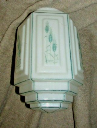 Antique Art Deco White Glass Ceiling Light Lamp Shade With Green Accents