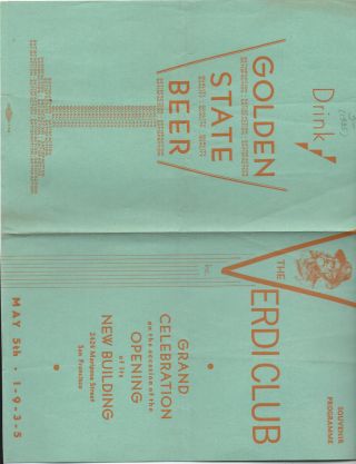 1935 Program From The Grand Celebration Of The Verdi Club San Francisco Mariposa