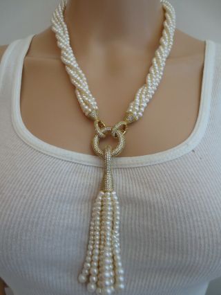 Massive Custom Made $4k Pearl Sterling 18k Blinding Tassel Cz Necklace