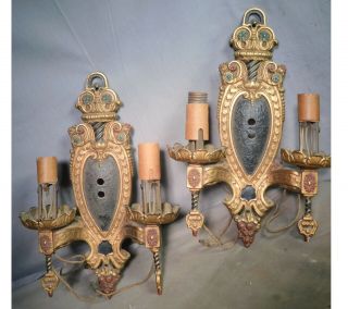 Pair Cast Bronze Brass Polychrome Mission Tudor Gothic Wall Sconce Vintage 1925