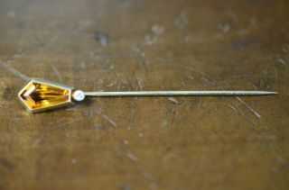 Vintage Solid 14k Yellow Gold Citrine And Diamond Stick Pin