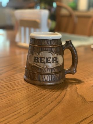 Vintage Treasure Craft Ceramic Beer Mug Wooden Barrel Copper Rings 1957