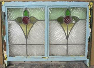 Edwardian English Leaded Stained Glass Sash Window Double Floral 28.  25 " X 18.  75 "
