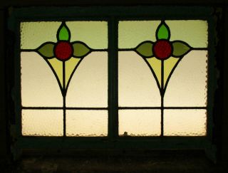 EDWARDIAN ENGLISH LEADED STAINED GLASS SASH WINDOW Double Floral 28.  25 