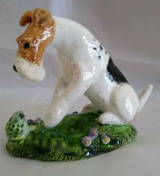 Wire Fox Terrier Dog With Frog Ceramic Sculpture Figurine Statue Signed Ooak