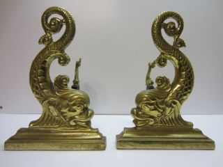 Antique Brass Asian Dolphin Koi Fish Fireplace Andirons Fire Dogs
