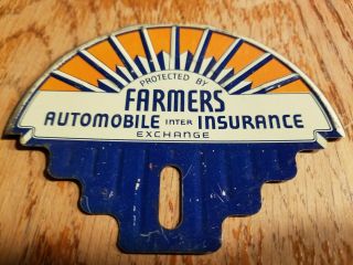 Vintage 1950 Farmers Automobile Insurance License Plate Topper Sign Farm Gas Oil