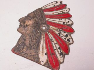 Vintage Solid Brass Red and White Painted Chief Headdress Plaque 2
