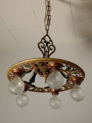 Antique Art Nouveau 1920s 5 Lights Ceiling Light Polycrome Chandelier