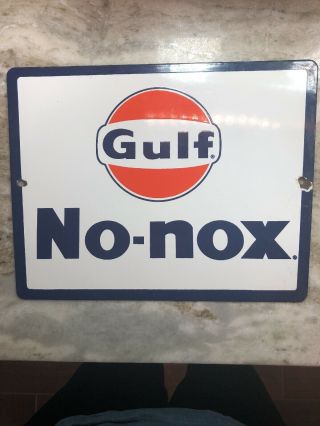 Vintage Gulf Oil Gas No - Nox Porcelain Pump Plate Sign 1960s Advertising