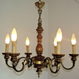Grand French Country Style 6 Arm Turned Wood & Aged Bronze Metal Chandelier 1354