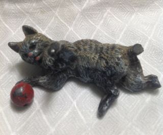Vintage Austrian Cold Painted Bronze Cat With Red Ball As Found