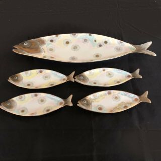 Vintage Fish Set (5) Serving Platter Bone Plates Hand Painted Floral Flower