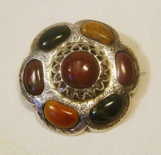 Antique Scottish Engraved Silver & Agate Brooch With Jaspers & Bloodstones