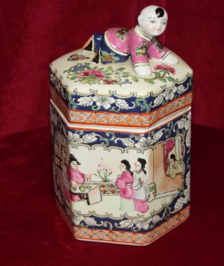 Vintage Chinese Hexagonal Porcelain Jar With Figural Lid,  Hand Painted In Macau