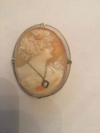 Vintage Solid 14k White Gold / Diamond / Cameo Pin/brooch