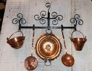 Vintage Small Hanging Copper Kitchen Utility 5 Piece Set Wall Hanger Holder