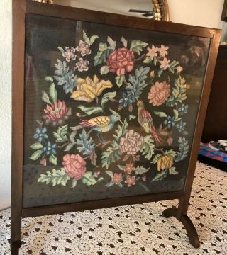 Antique Floral Needlepoint Wooden Fireplace Screen W Glass On Stand