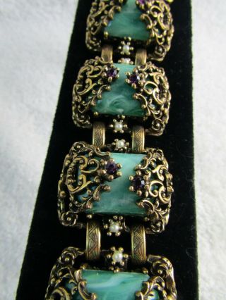 Vintage Etruscan Victorian Revival Green Glass Cabochon Faux Pearl RS Bracelet 3