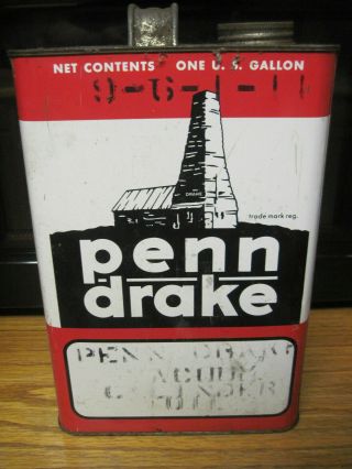 Vintage 1 Gallon Penn Drake Motor Oil Metal Tin Can Farm Fresh