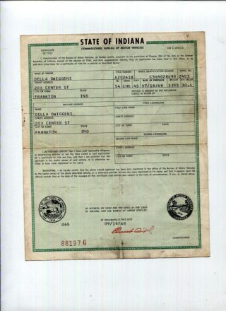 Vtg Car Title Indiana 1954 Chevrolet Belair 4 Dr 2403 Historical Document